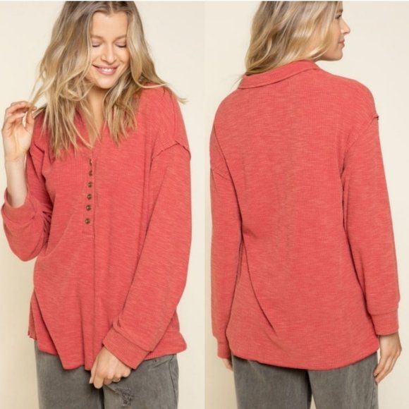 37196 POL Ribbed Henley Top - Picture 2 of 5